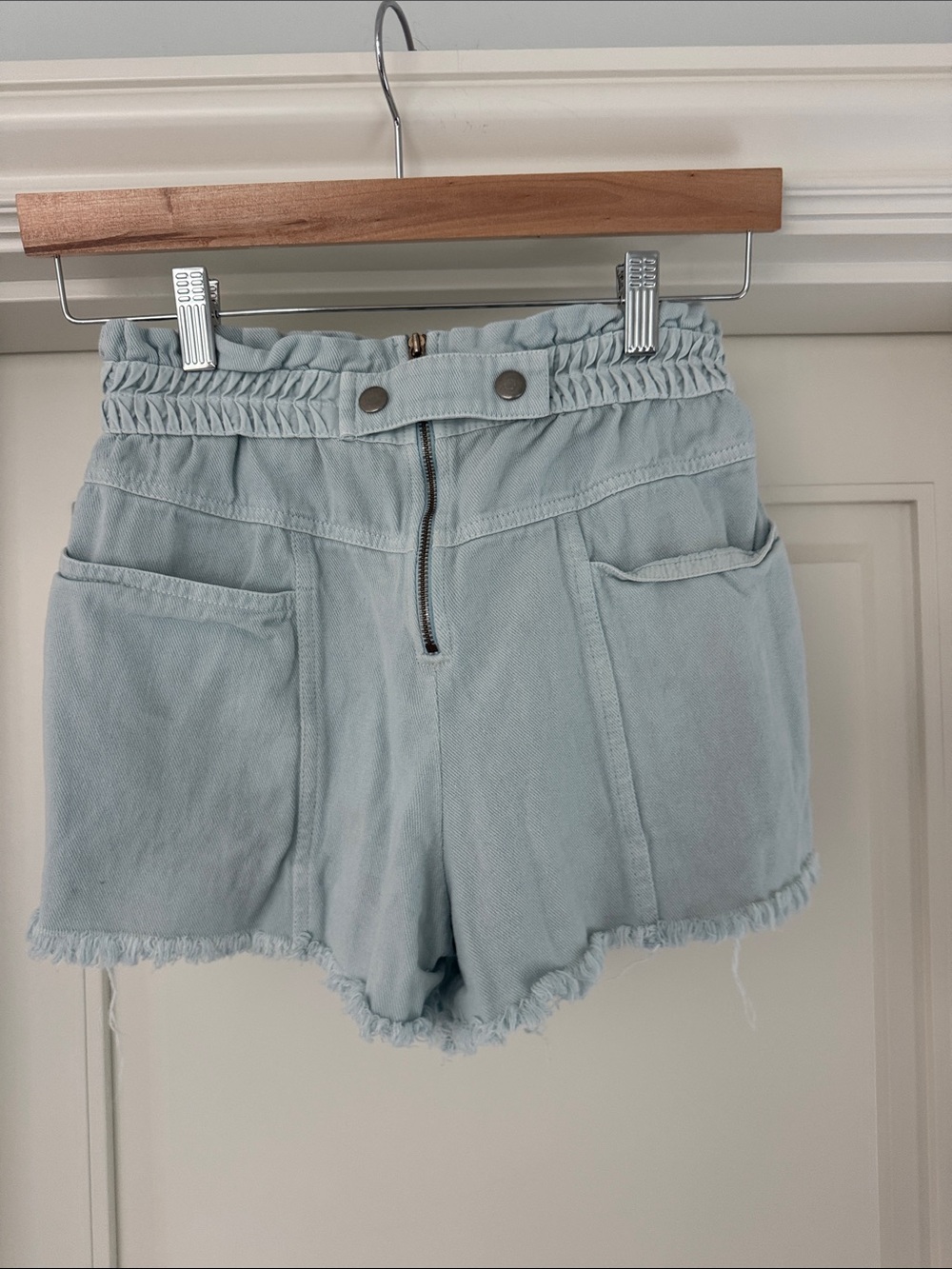 Sea New York Light Blue High-Rise Denim Shorts with Ruched Waist